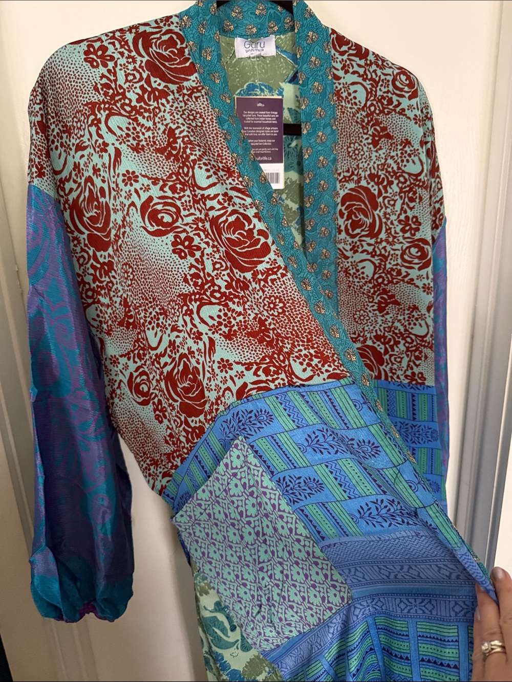 ✨GURU 100% silk Patchwork Kimono  - Teal, Turquoise & Red - Picture 8 of 9
